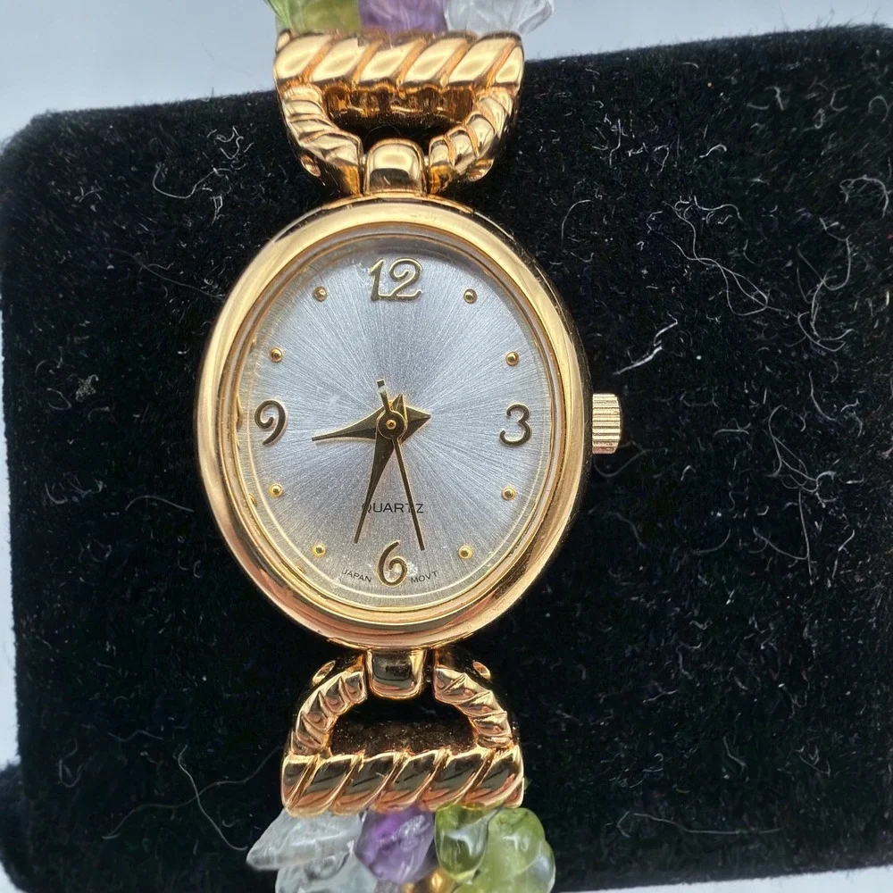 Prestige Ladies Quartz Watch with Green, Purple, and Clear Glass Untested